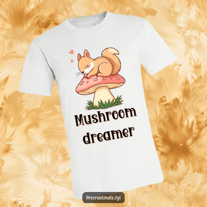 Funny dozing squirrel curled up on a giant mushroom cap, designed on a comfortable and humorous t-shirt.