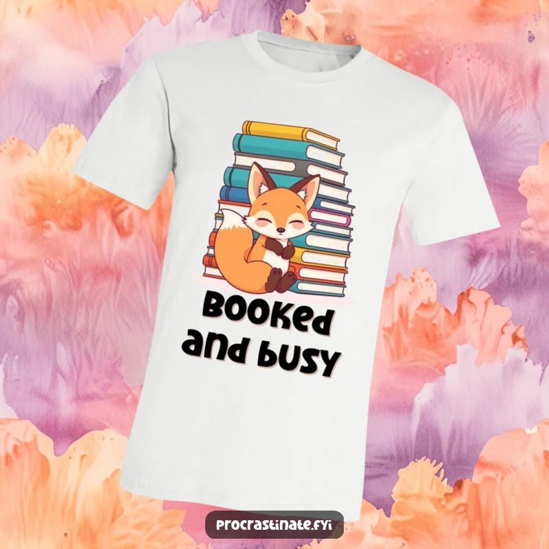 Funny relaxed fox leaning comfortably against a huge pile of books, looking content and scholarly on this awesome T-shirt.