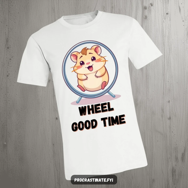 Funny hamster t-shirt featuring a cheerful, dazed hamster in mid-spin inside its wheel, capturing chaotic, happy energy.