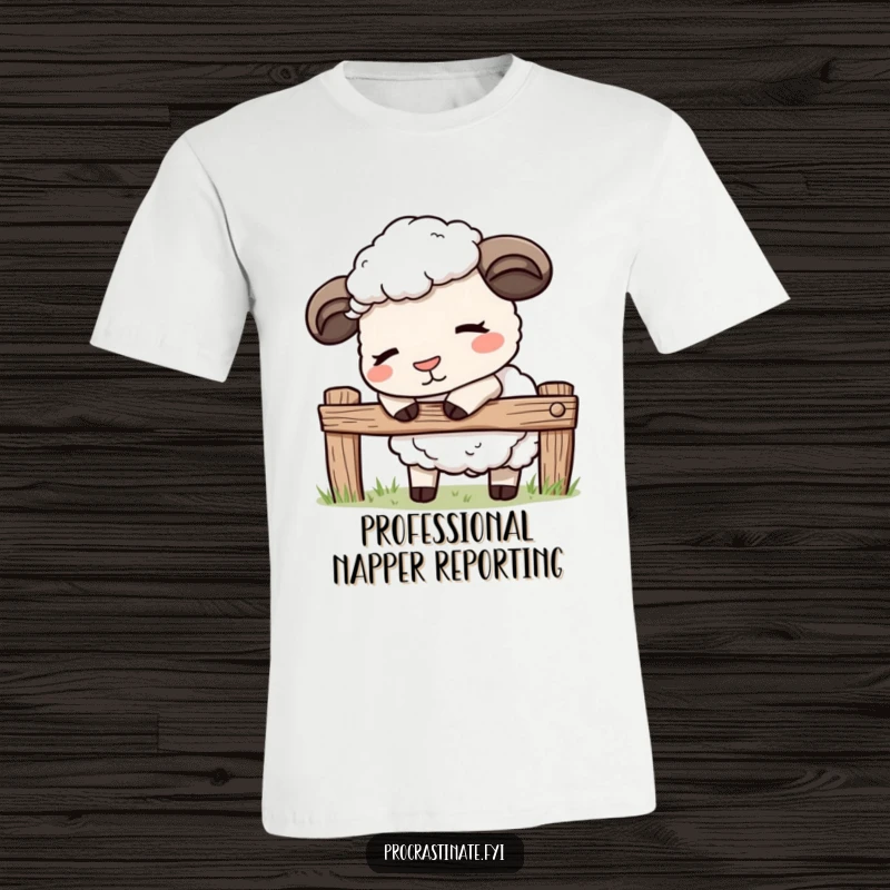 Funny kawaii sheep t-shirt depicting a cute sheep gently nodding off while leaning on a fence, perfect for relaxation.