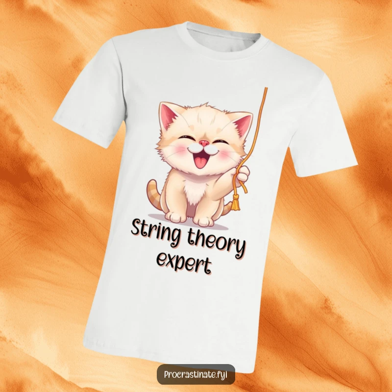 Funny giggling kitten playfully batting at a dangling string of yarn, featured on a soft, comfortable t-shirt.