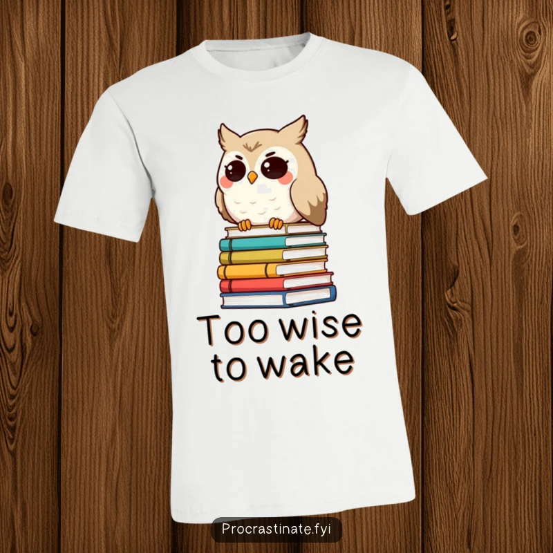 Funny smiling owl character with droopy eyes, leaning on a tilted stack of books, a cozy and funny t-shirt for scholars.