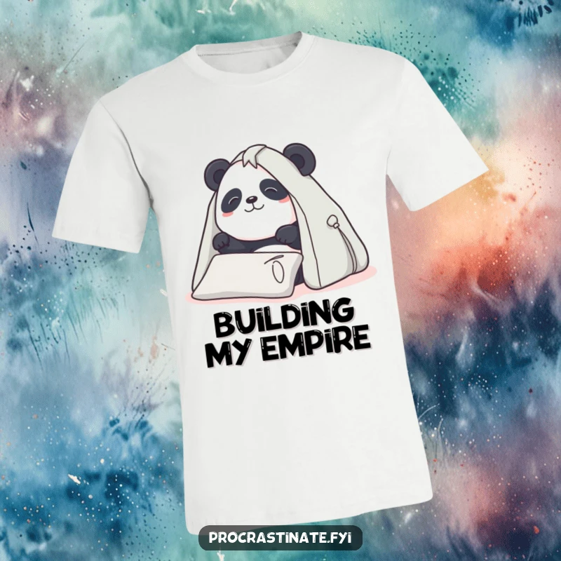 Funny Panda T-Shirt: Determined animal building a pillow fort, cozy construction, great for lounging, perfect funny gift.