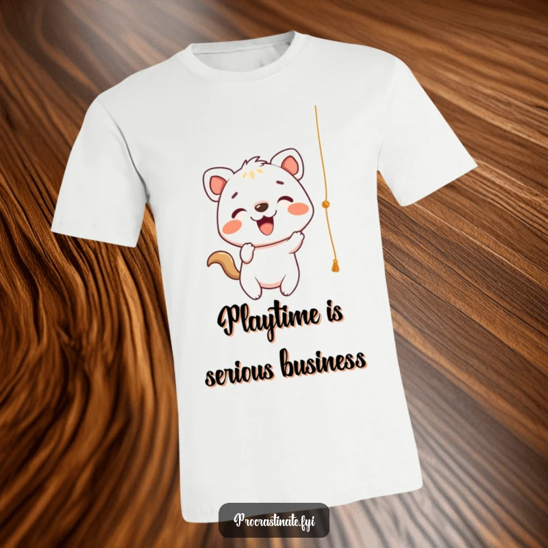 Funny T-Shirt with a cheerful animal character actively batting at a dangling string, expressing energetic playfulness.