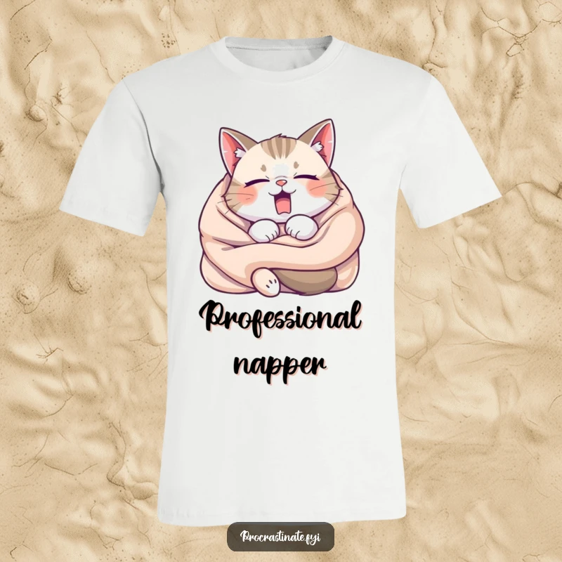 Funny Sleepy Cat Yawning T-Shirt, a cozy feline tangled in blankets, perfect for cat lovers who appreciate humor.