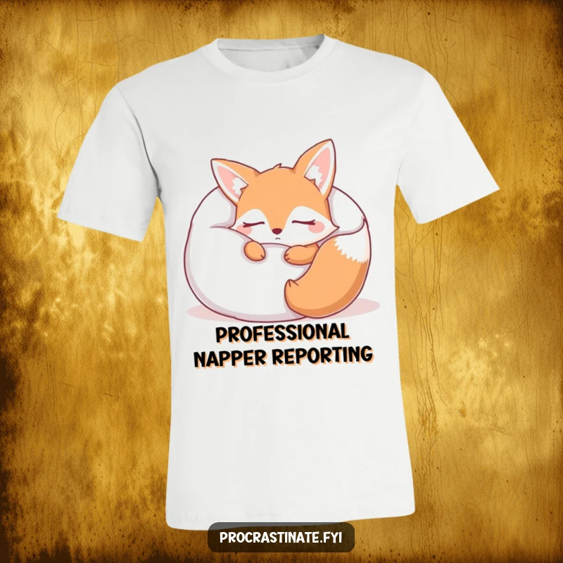 Funny sleepy fox t-shirt showing a cute fox character napping soundly within a massive, enveloping pillow. A depiction of pure sleep bliss.