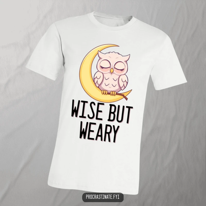 Funny sleepy owl perched on a glowing crescent moon, gently nodding off with half-closed eyes on this comfortable T-shirt.