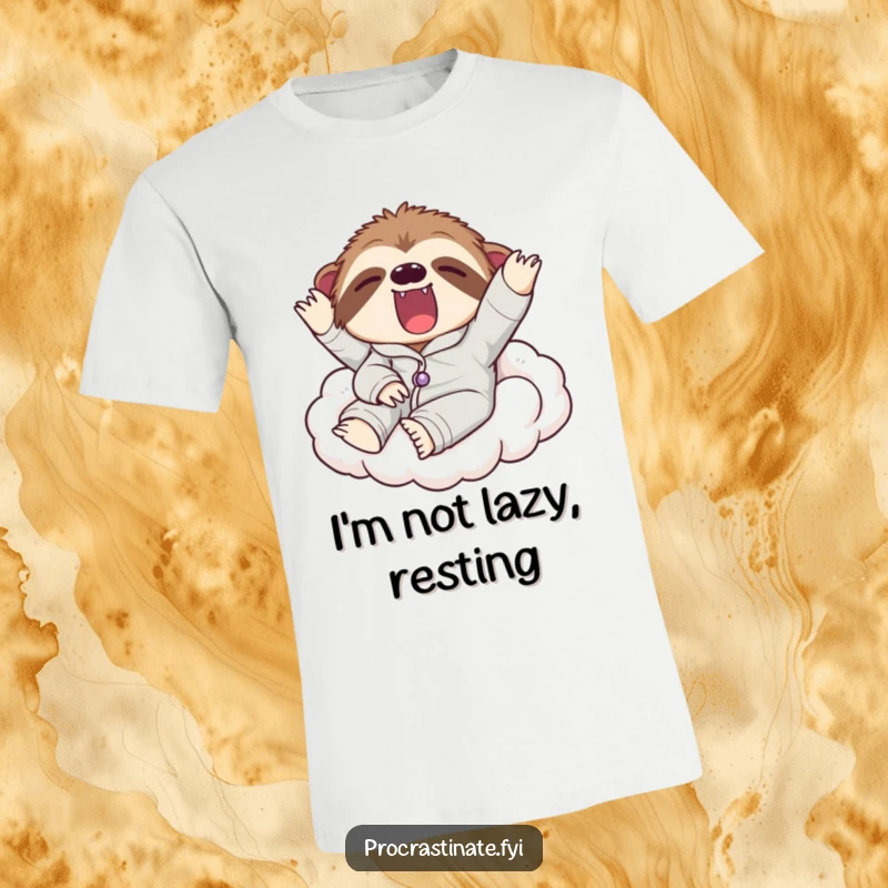 Funny t-shirt showcasing a lazy sloth in pajamas yawning widely on a comfy cloud, perfect for relaxation and humorous gifting.