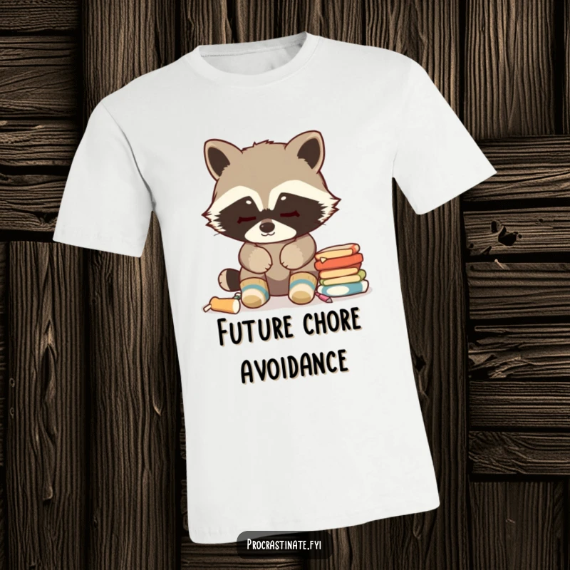 Funny Raccoon T-Shirt: Stealthy animal in cozy socks, blank stare at chores, humorously relatable for lazy days and procrastination.