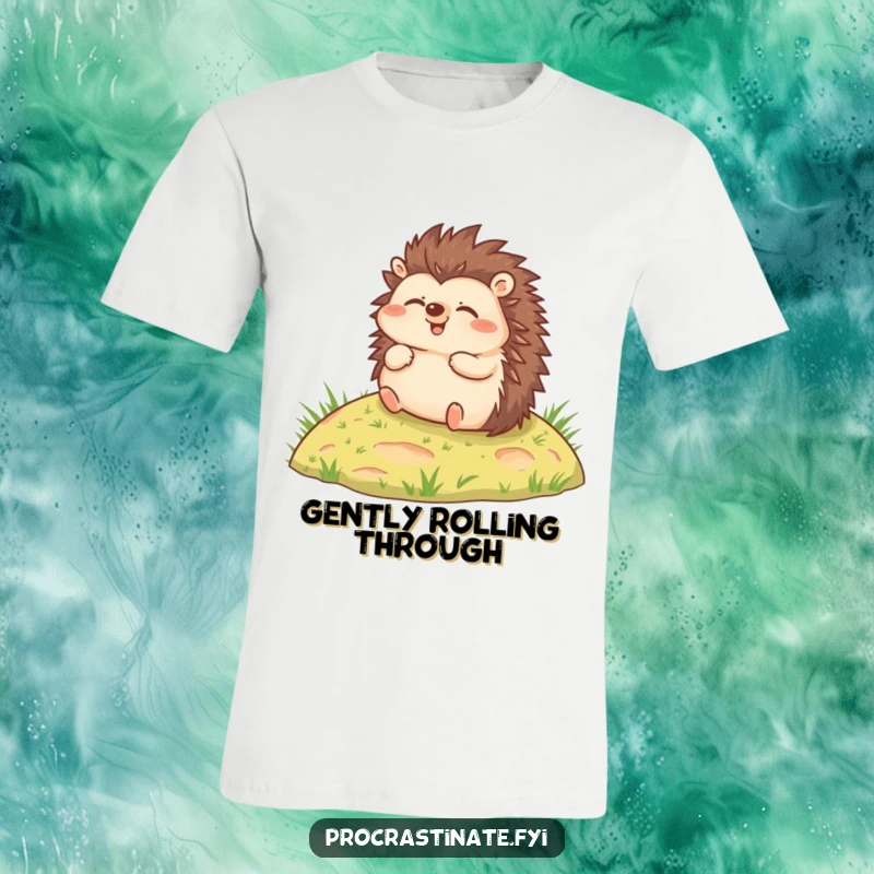 Funny t-shirt depicting a joyful hedgehog rolling relaxed down a small grassy hill, celebrating happiness and freedom.