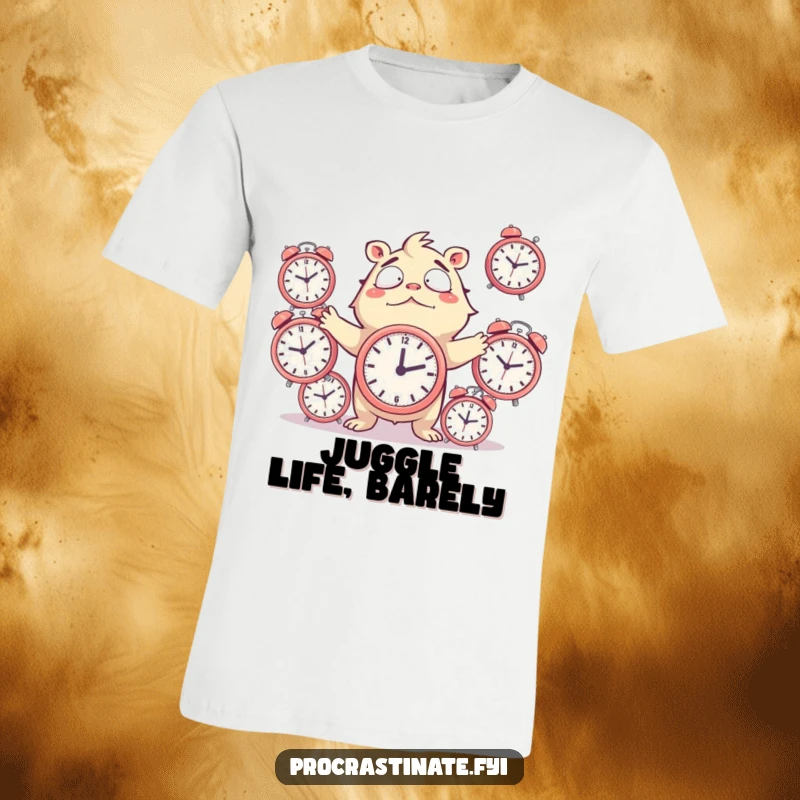 Funny T-Shirt of a creature struggling to juggle multiple ticking alarm clocks, conveying a humorous sense of being overwhelmed.