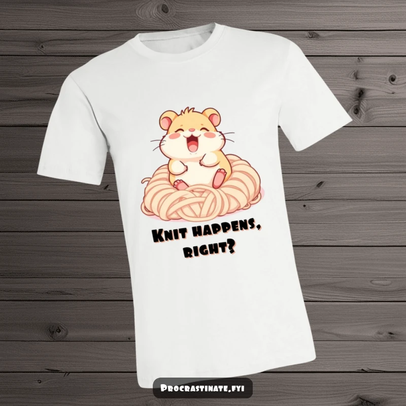 Funny giggling hamster character rolling happily in a pile of soft yarn, a cute and funny t-shirt for needle artists.