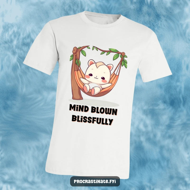 Funny t-shirt with a creature sporting a blank expression while lounging in a hammock, radiating pure tranquility.