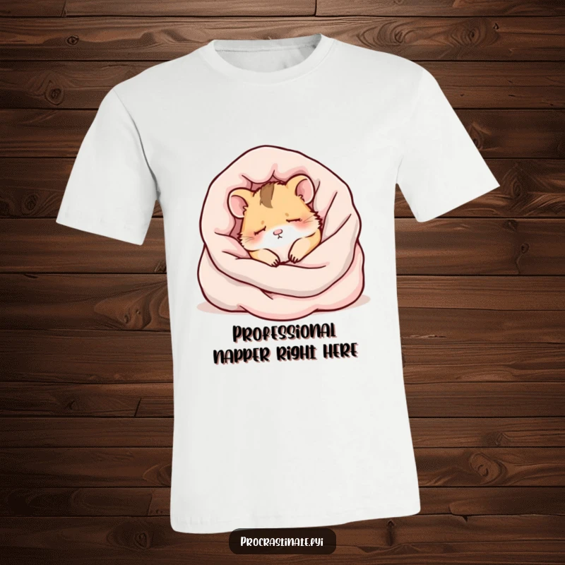 Funny kawaii hamster asleep in a soft blanket heap, wearing a sleepy expression on a comfy t-shirt.