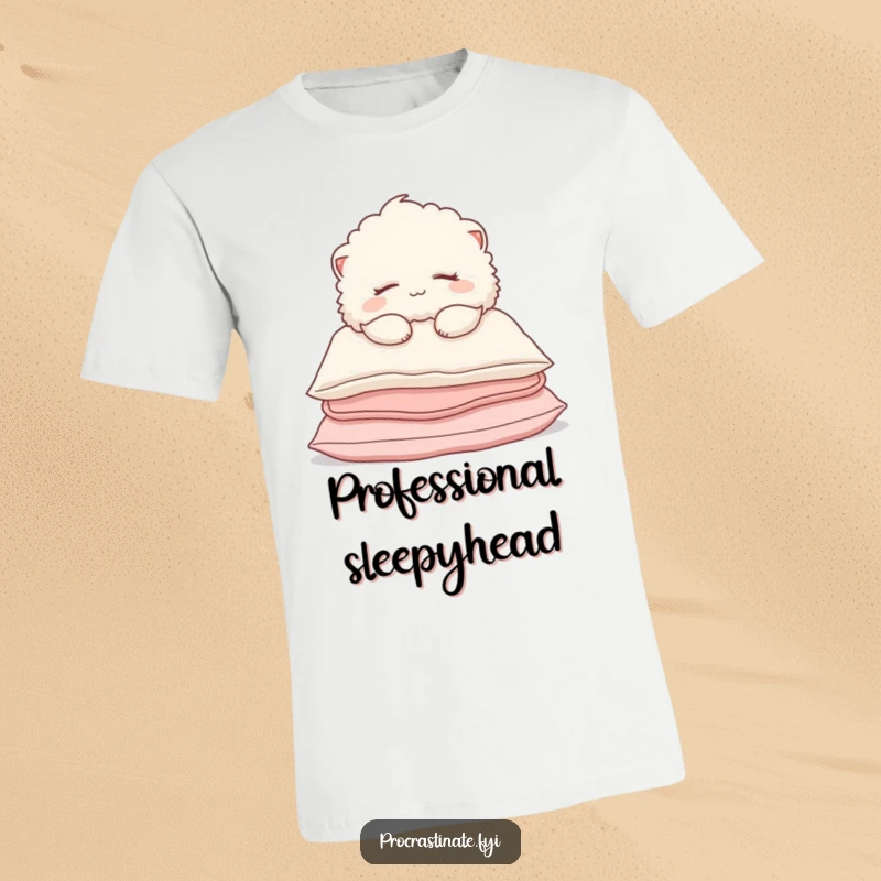Funny T-Shirt of a fluffy creature comfortably slumped over pillows, eyes closed in a soft smile, promoting relaxation.