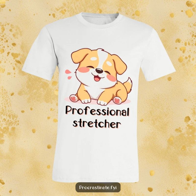 Funny happy dog t-shirt depicting a joyful dog character in the middle of a lazy stretch with a contented sigh. Relaxed vibes.