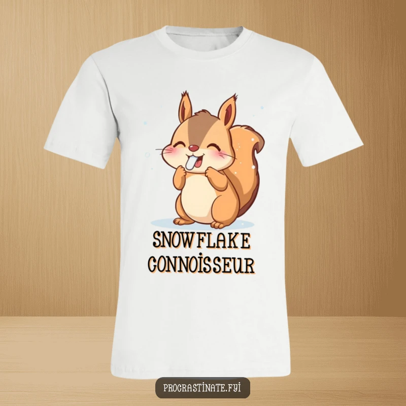 Funny Squirrel T-Shirt: Joyful animal catching snowflakes with its tongue, winter fun, cute graphic tee, perfect funny gift.