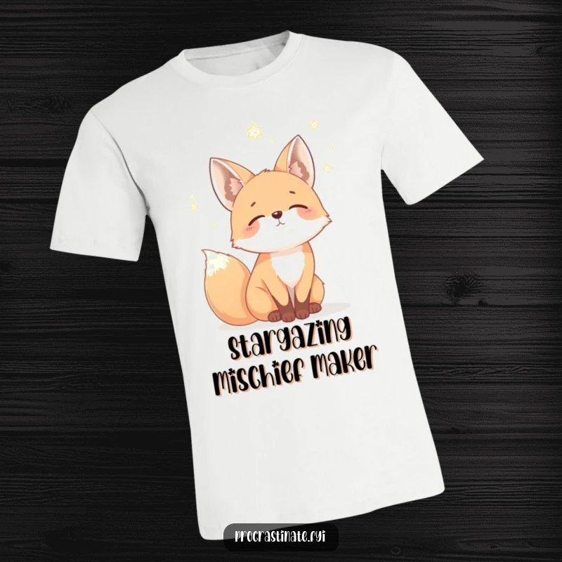 Funny fox t-shirt depicting a mellow fox gazing dreamily at a starry sky, perfect for dreamers and lovers of cosmic humor.