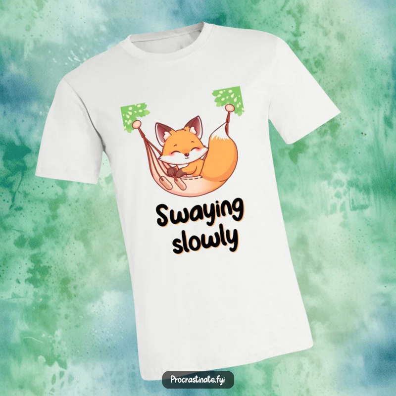 Funny relaxed fox sprawled on a hammock, gently swaying, printed on a comfortable and stylish t-shirt.