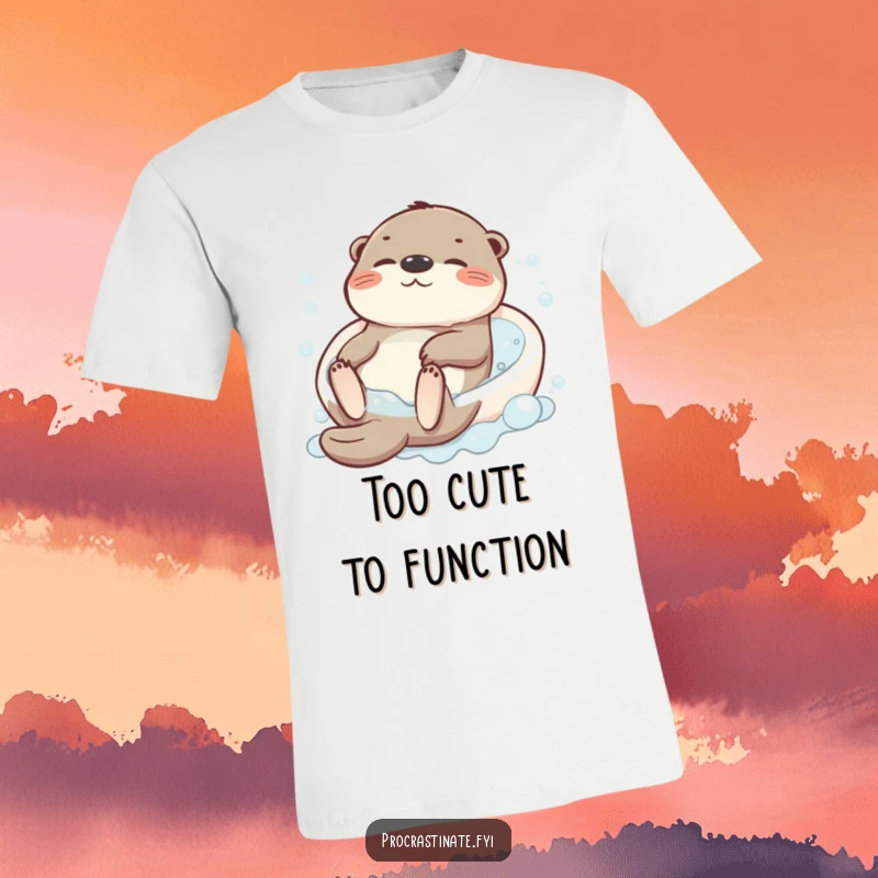 Funny t-shirt showcasing a blissfully relaxed otter character floating on its back in a bubbly bath, exuding peace.