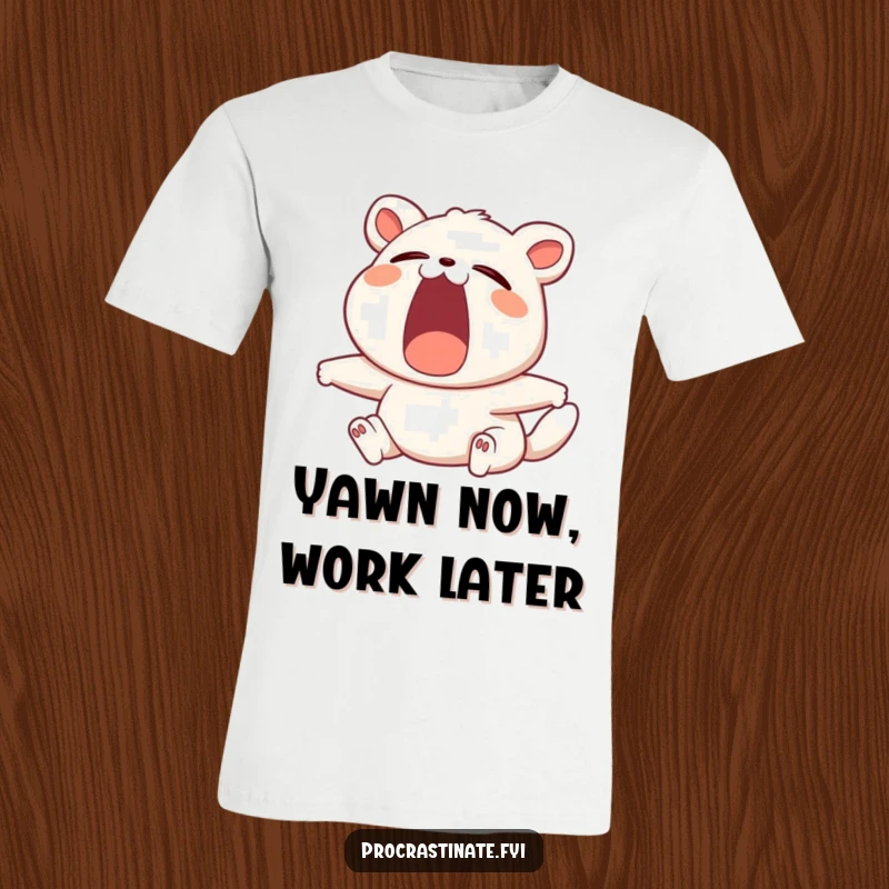 Funny t-shirt depicting a contented animal character in the midst of a huge yawn and a full body stretch.