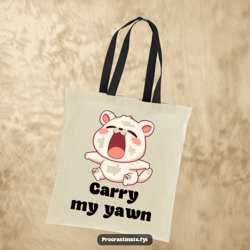 Funny tote bag showcasing a contented animal character yawning widely while stretching, ready for gentle adventures.