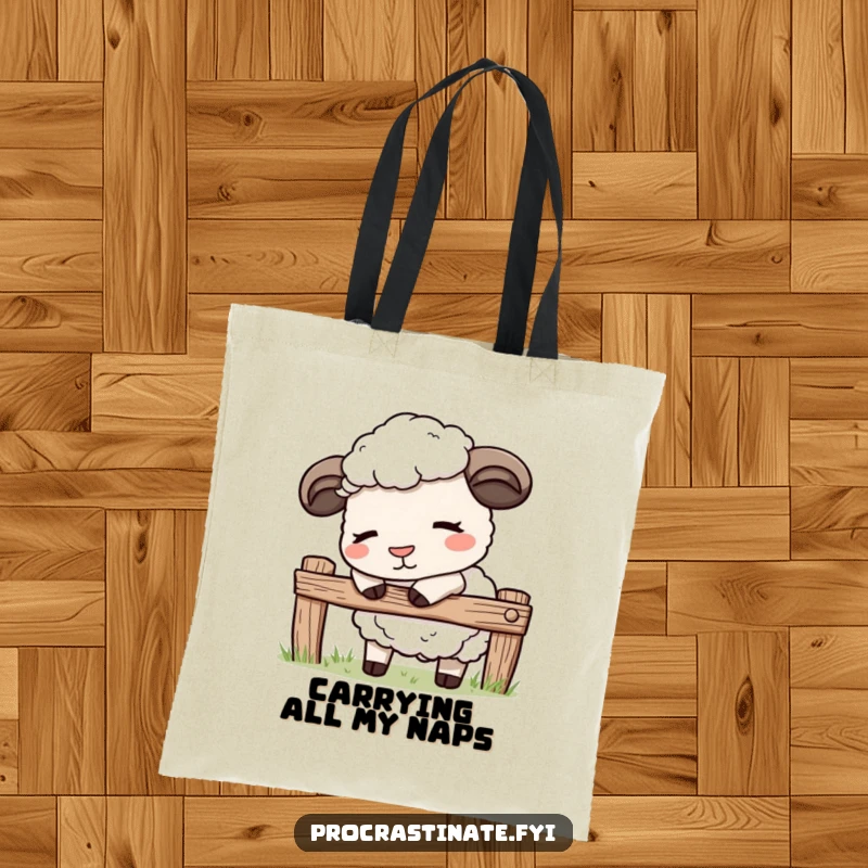 Funny kawaii sheep tote bag showing a cute sheep gently nodding off while leaning on a fence, ideal for everyday use.