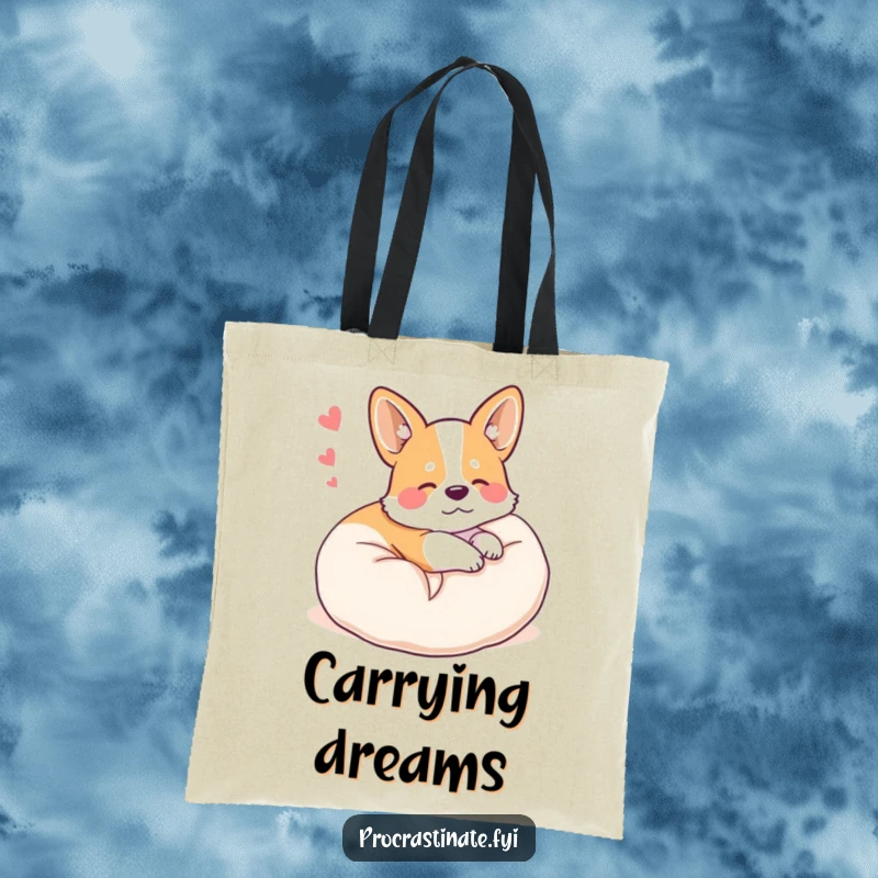 Funny happy corgi curled up on a plush pillow, dreaming, showcased on a durable and charming tote bag.