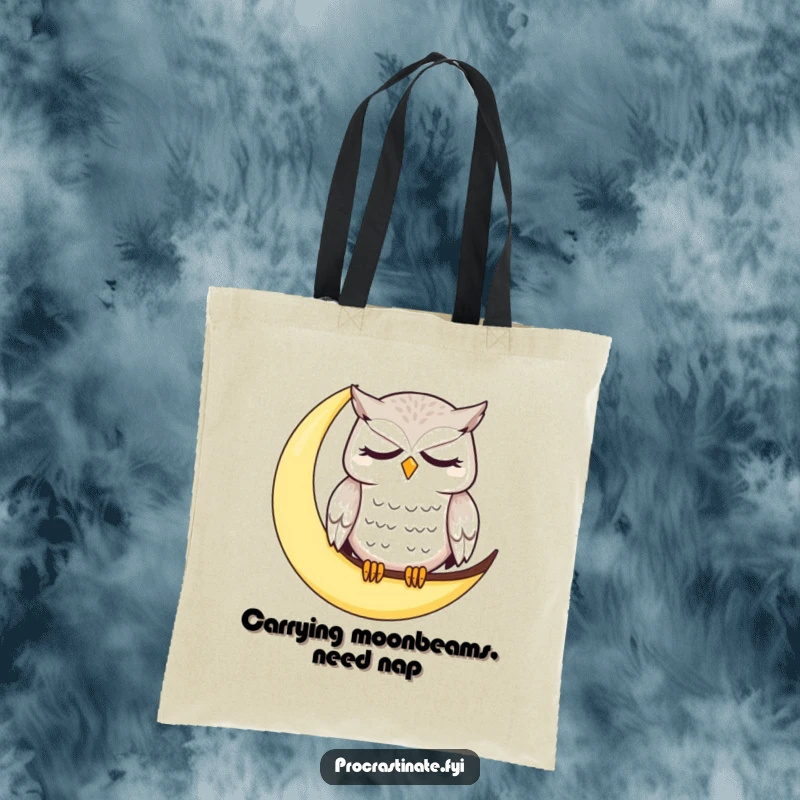 Funny owl tote bag with a dazed, sleepy owl on a crescent moon, ideal for carrying essentials with a humorous touch.