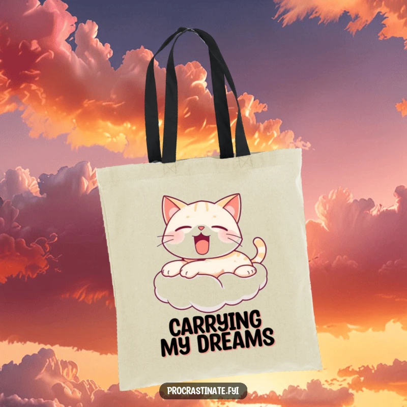 Funny yawning cat tote bag showing a cute, kawaii cat stretched out on a cloud, yawning peacefully, perfect for carrying your daily joys.