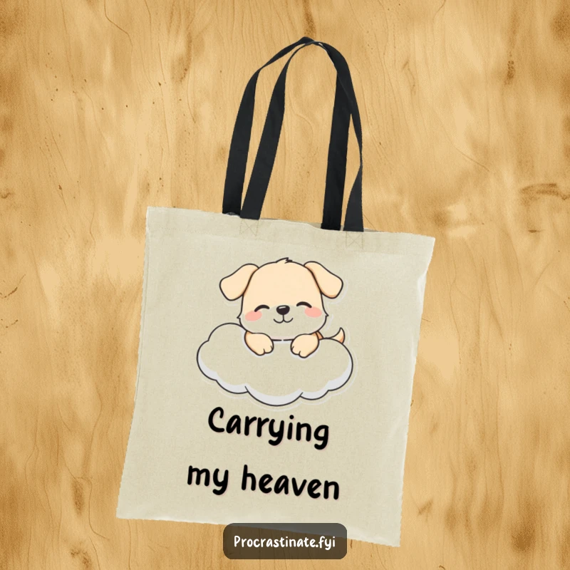 Funny dog tote bag with a happy dog character smiling on a cloud, ideal for carrying items with a touch of heavenly cheer.
