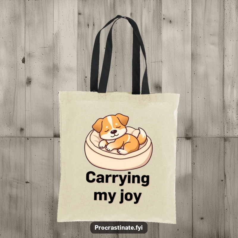 Funny tote bag depicting a content dog napping in a cozy dog bed, its tail giving a soft thump, perfect for daily use.