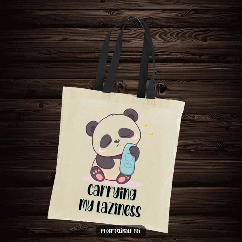 Funny tote bag featuring a sleepy panda making a great effort to reach for a remote control, ideal for errands.