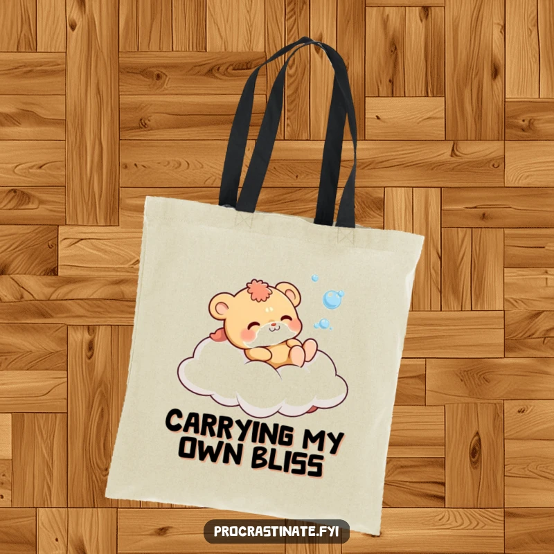 Funny Tote Bag showcasing a cute animal character on a cloud, joyfully blowing bubbles, a whimsical and practical accessory.