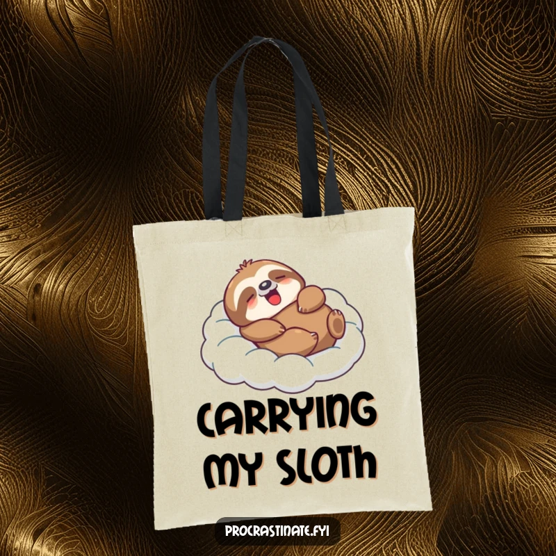 Funny Sloth Tote Bag showcasing a relaxed character lounging on a cloud, perfect for carrying items with a humorous and peaceful theme.