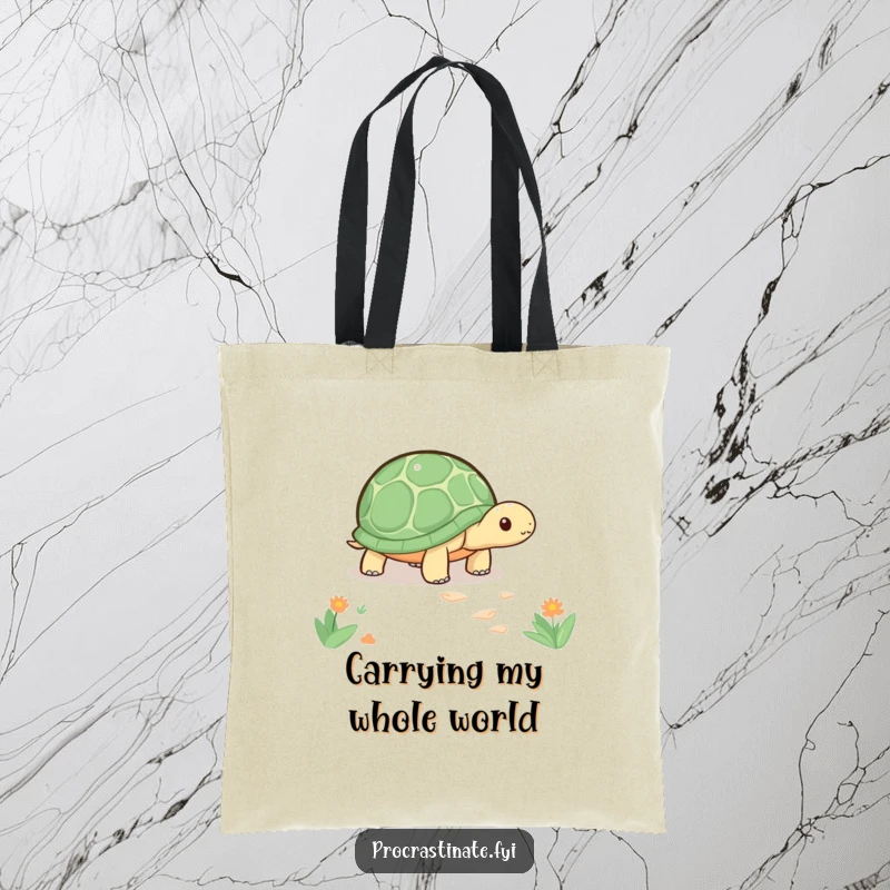 Funny kawaii turtle tote bag showing a cute turtle slowly inching along a path, perfect for errands and mindful living.