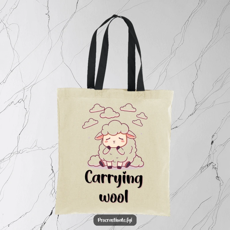 Funny dozing sheep peacefully counting stylized clouds, a whimsical and practical tote bag design.