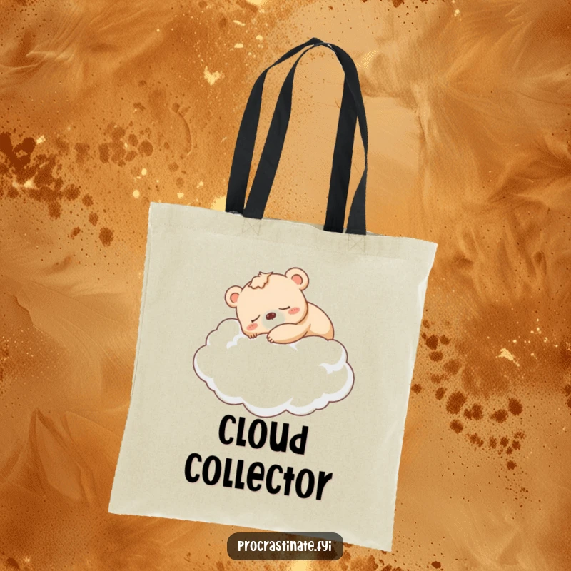 Funny sleepy bear cub napping soundly on a fluffy cloud, showcased on a durable and charming tote bag.