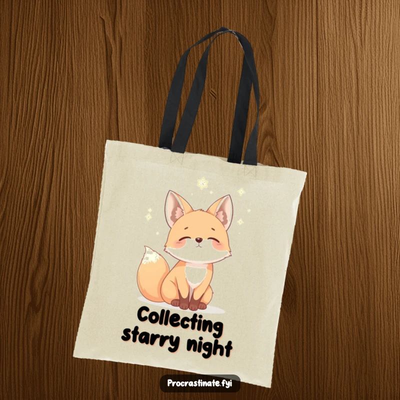 Funny fox tote bag showing a mellow fox gazing dreamily at a starry sky, perfect for carrying essentials with celestial charm.