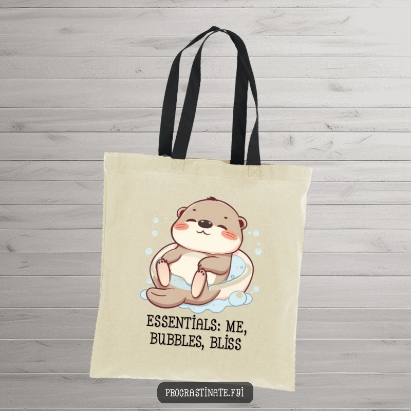 Funny tote bag illustrating a joyous otter character floating on its back in a delightful bubbly bath, a picture of serenity.
