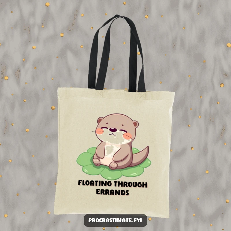 Funny otter tote bag showing a cheerful creature floating on a lily pad with eyes closed, ideal for carrying items peacefully.