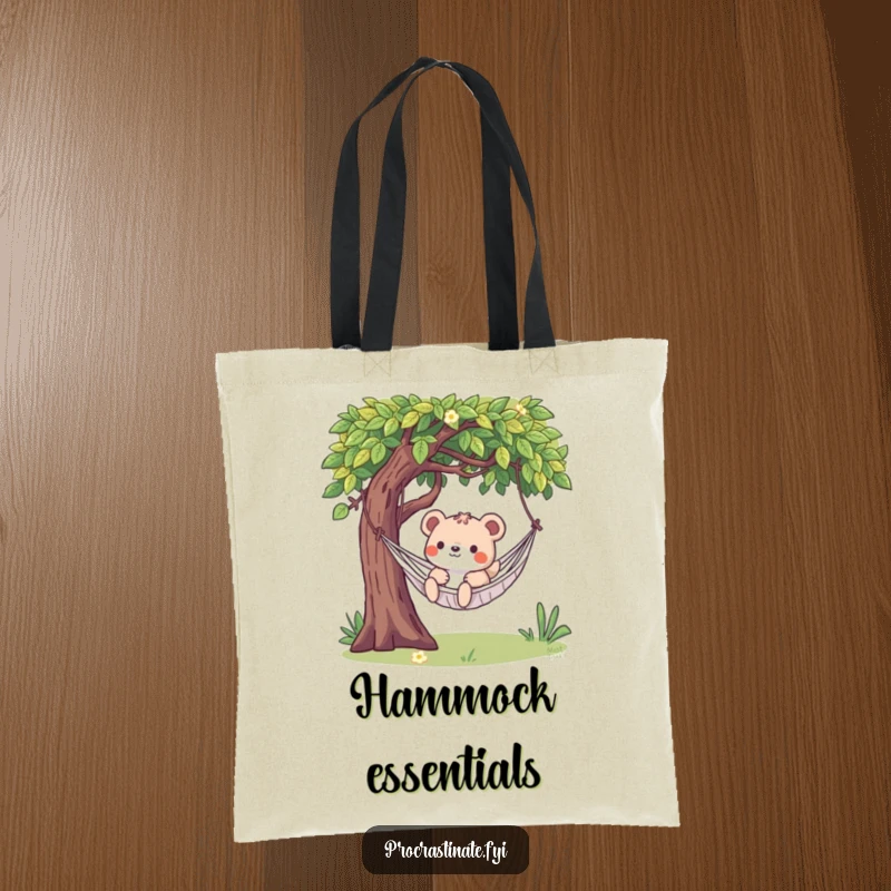 Funny tote bag showcasing a playful animal character caught in a moment of pure, lazy bliss on a hammock.