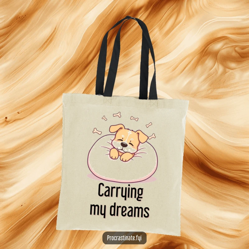 Funny dog tote bag showing a relaxed dog lounging on a giant pillow, dreaming of bones, a stylish and humorous accessory.
