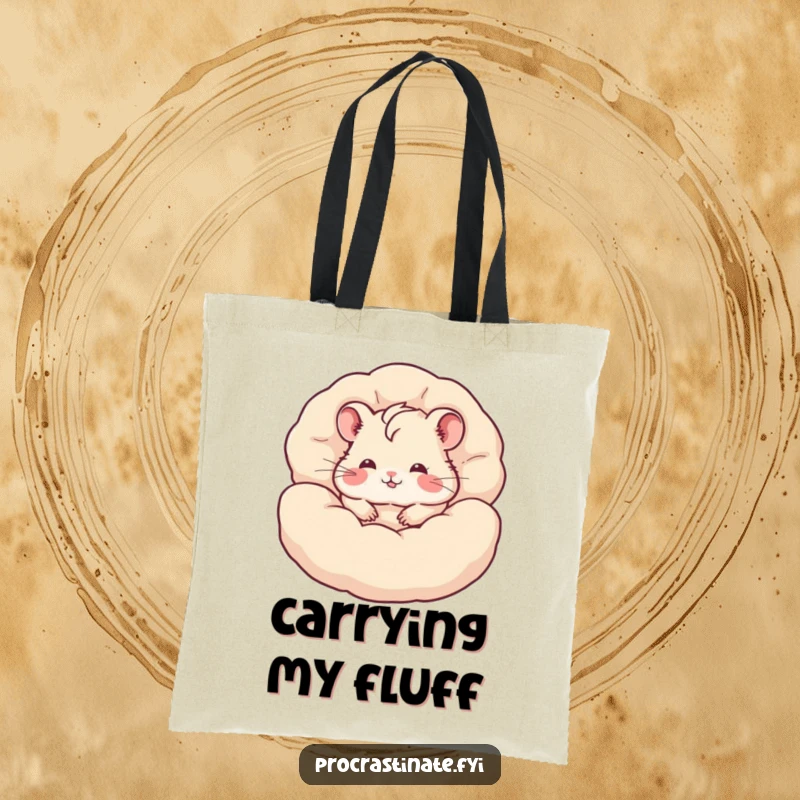 Funny hamster tote bag with a content hamster burrowed deep within a pile of fluffy pillows, a cute and humorous accessory.