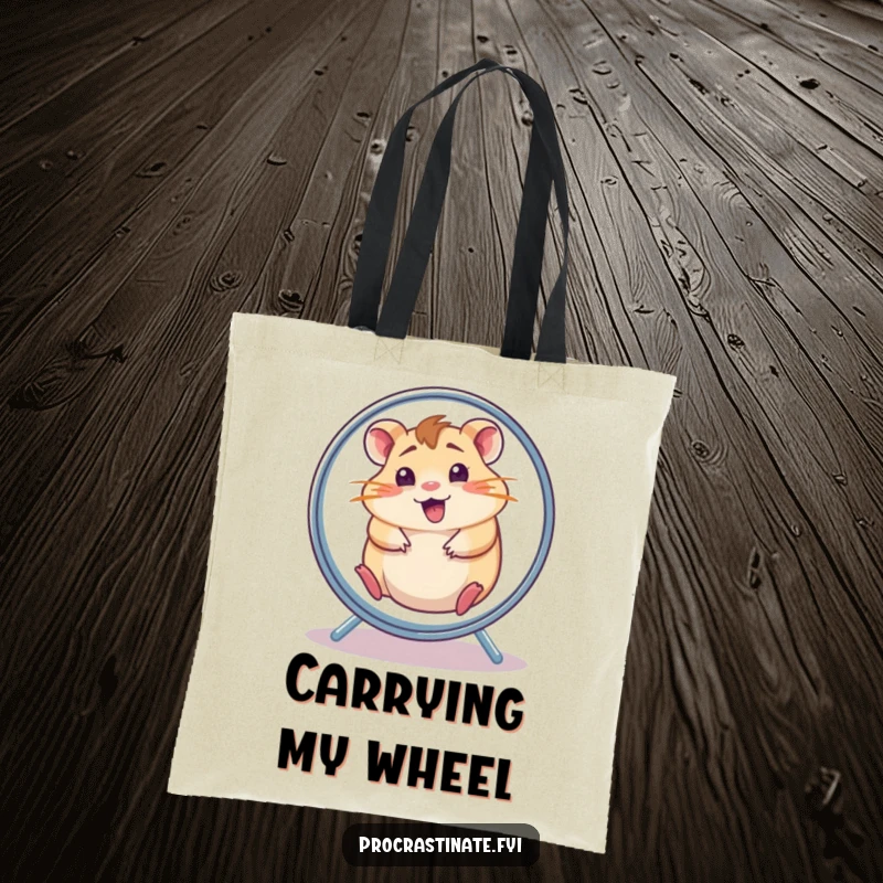 Funny hamster tote bag featuring a cheerful, dazed hamster spinning in its wheel, ready to carry your fun finds.