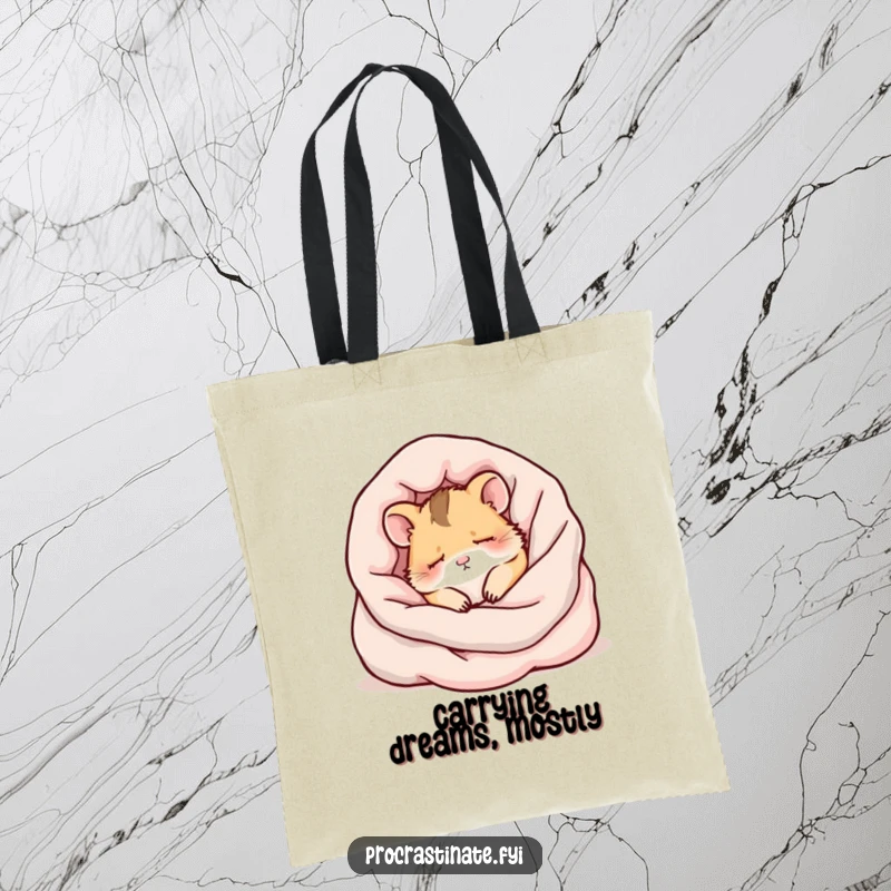 Funny kawaii hamster nestled in blankets, a cute and sleepy design on a functional tote bag.