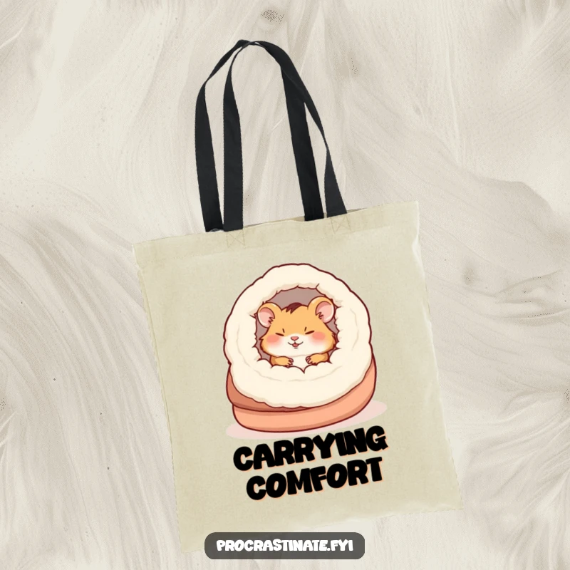 Funny happy hamster sound asleep within a giant slipper, a whimsical and practical tote bag design.