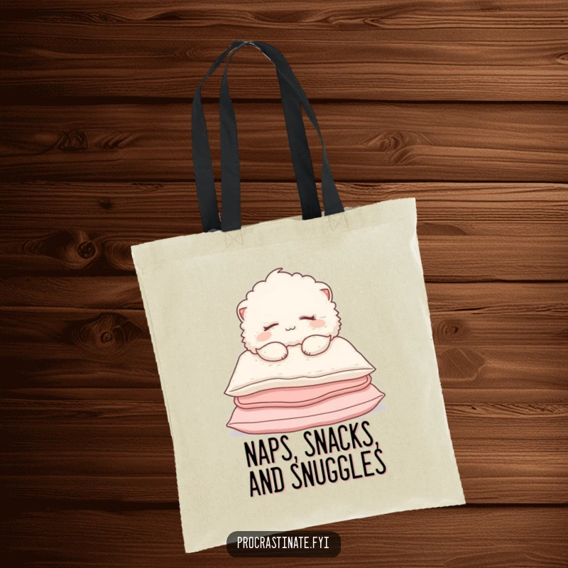 Funny Tote Bag featuring a fluffy creature sleeping soundly on pillows, embodying ultimate relaxation and soft comfort.