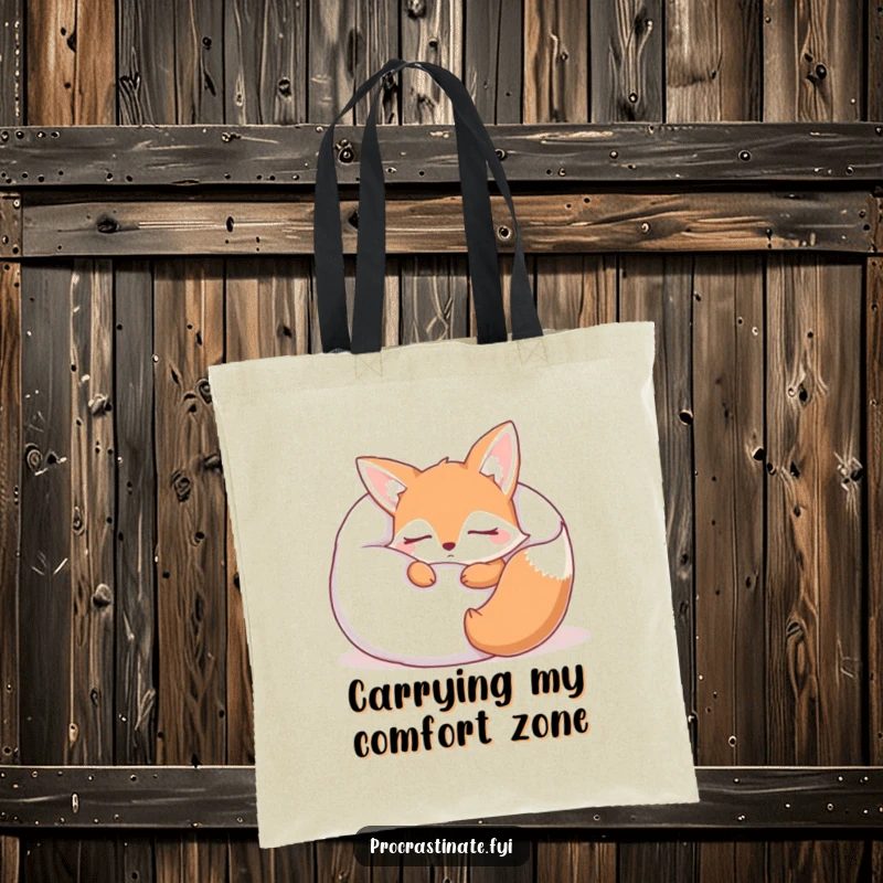 Funny sleepy fox tote bag showcasing a cute fox character in deep slumber, nestled within a huge, plush pillow. Ideal for carrying comfort.