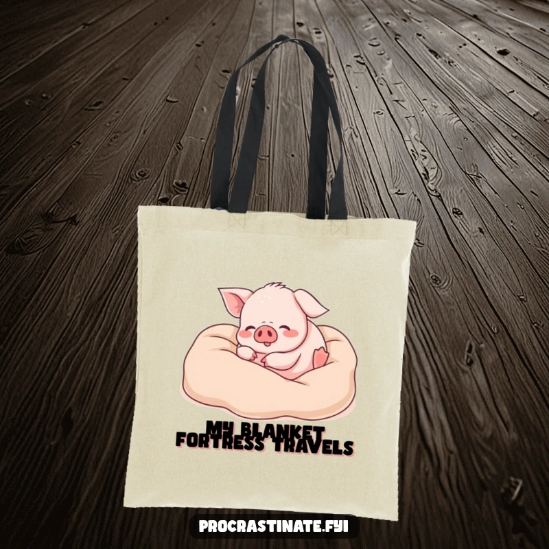 Funny piglet tote bag with a happy piglet rolling joyfully in soft blankets, perfect for carrying essentials with a dose of charming humor.
